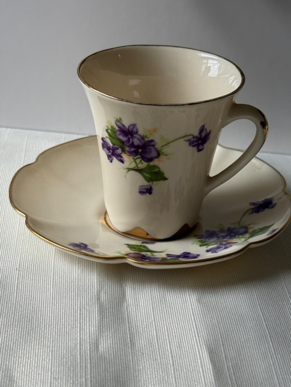 Leneige Ivory Floral Demitasse Cup & Saucer with Purple Violets and Gold Trim